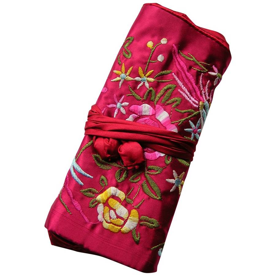 silk embroidered jewellery roll by plum & ivory
