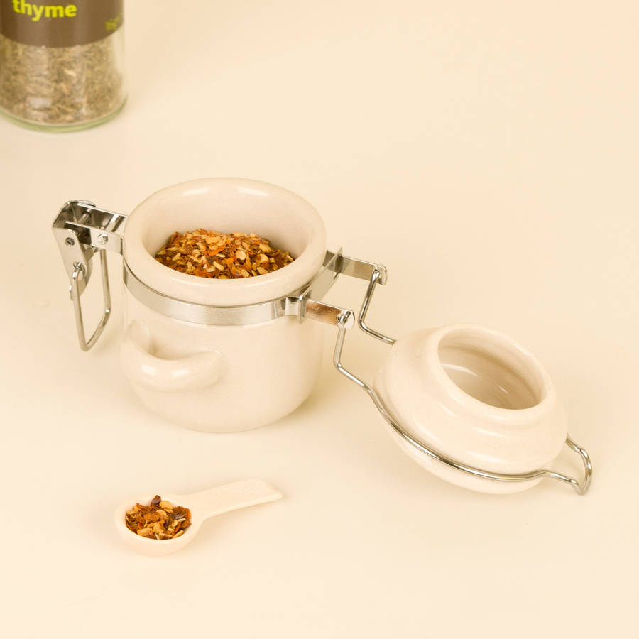 small clip canister jar with wooden spoon scoop by dibor