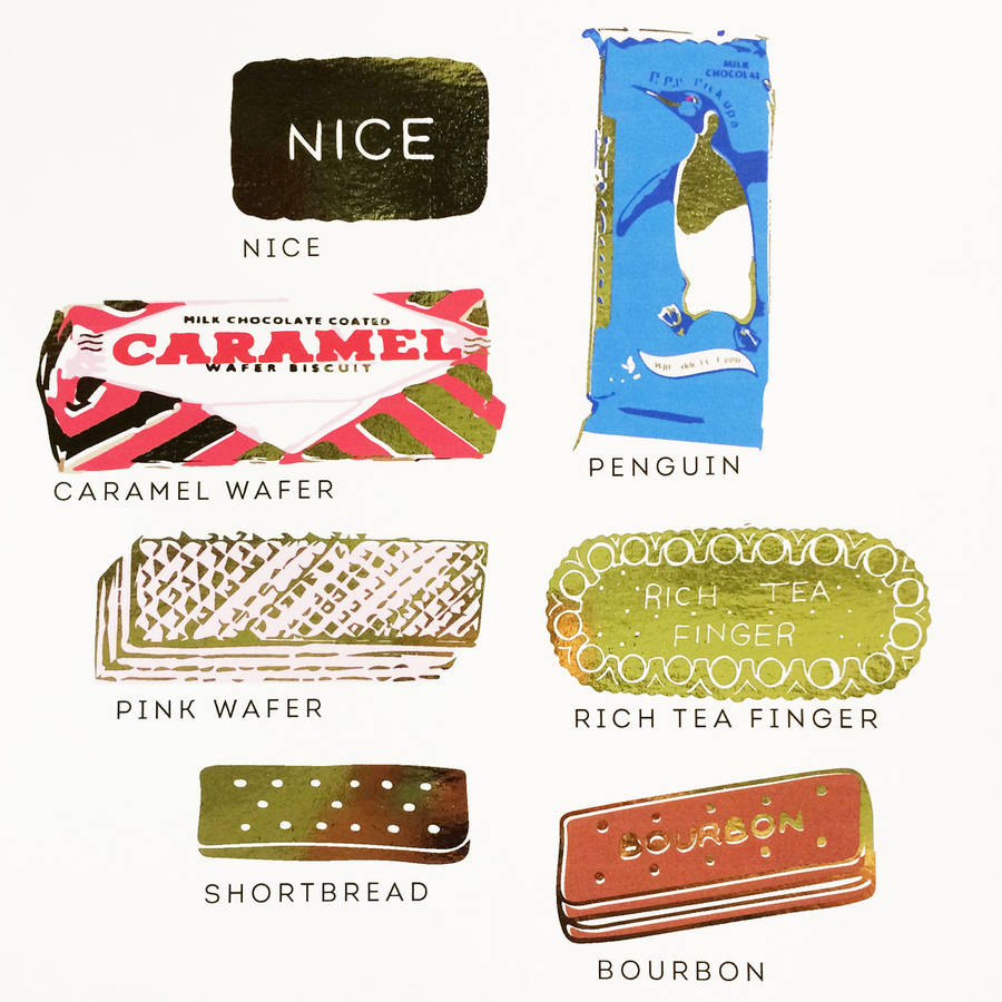 personalised gold foiled british biscuits print by libby mcmullin