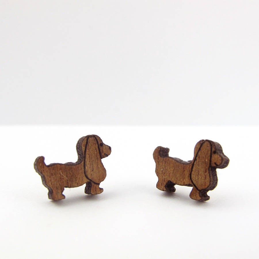 laser cut wooden sausage dog earrings by sarah hurley