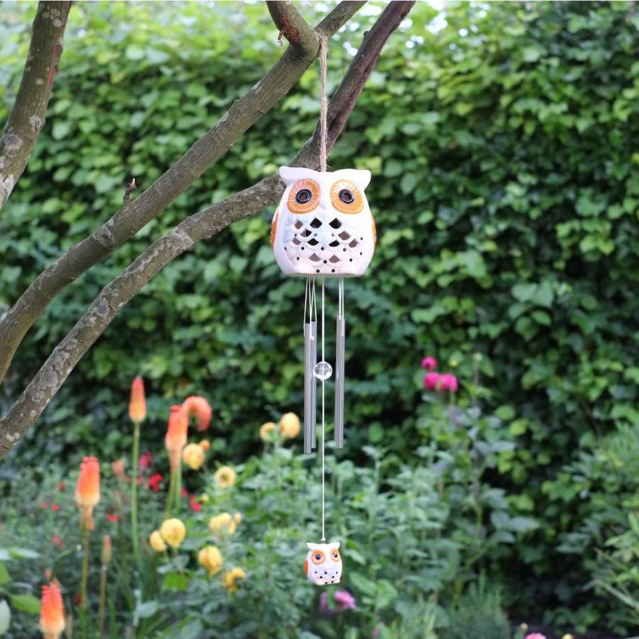 ceramic snowy owl wind chime solar light by garden selections
