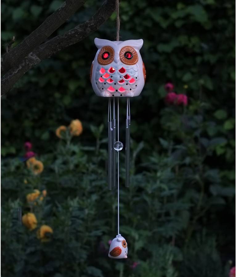 ceramic snowy owl wind chime solar light by garden selections