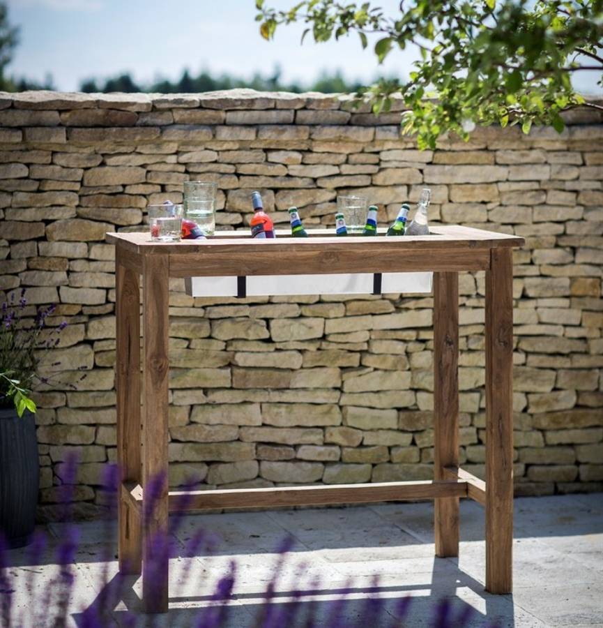 teak wood bar table with drinks cooler by garden 