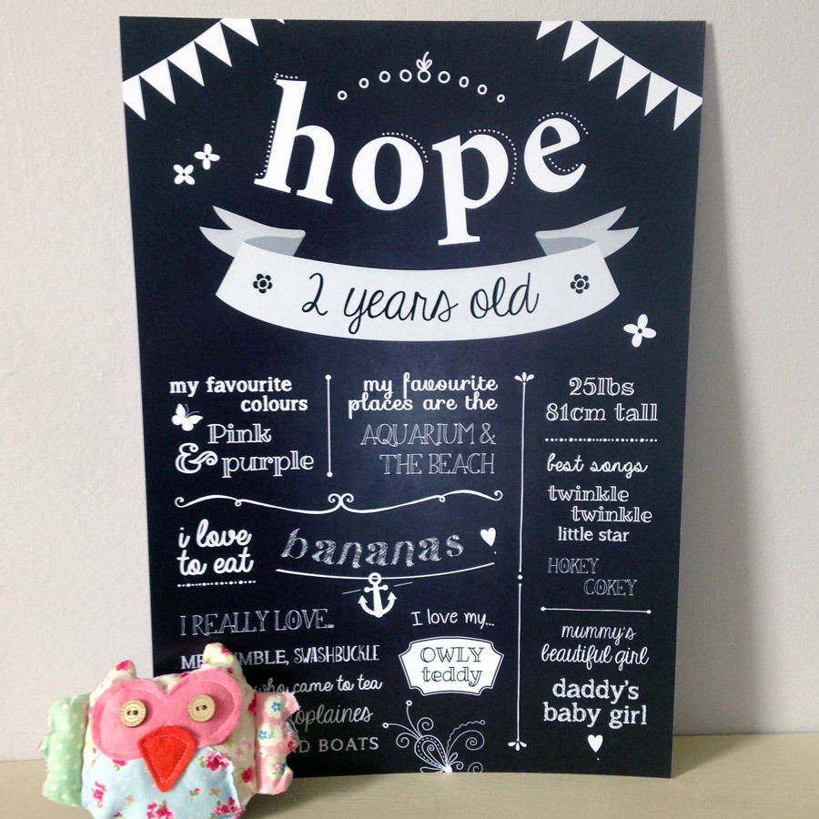 personalised kids birthday chalkboard print by anon design studio