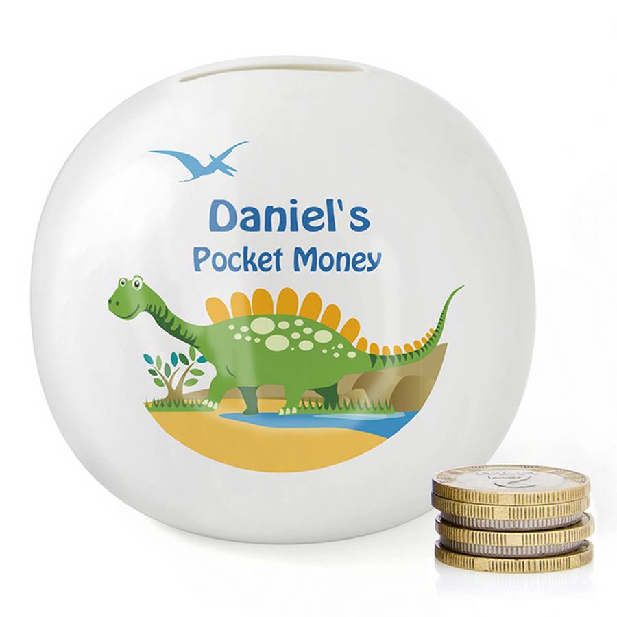 boys dinosaur personalised china money box by chalk & cheese