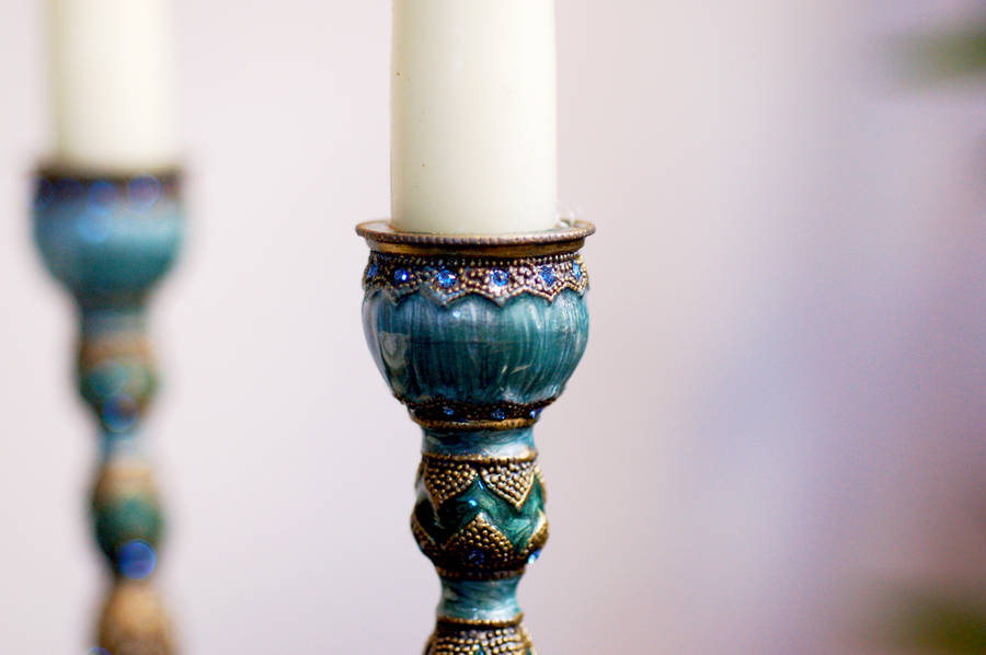 peacock feather vintage effect decorative candlestick by made with love