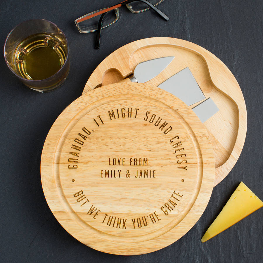 personalised 'you're grate' design pun cheese board set by dust and