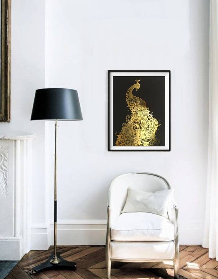 peacock, gold foil framed print by palm valley