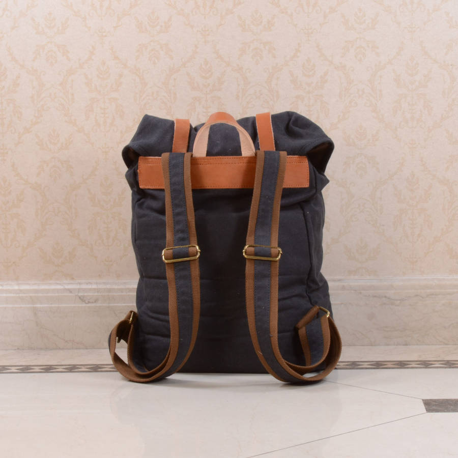 canvas and leather strap detail backpack by eazo