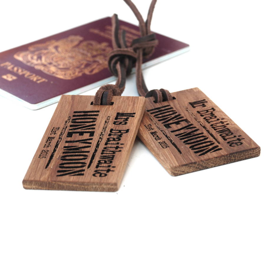 personalised pair of honeymoon luggage tags by bespoke & oak co