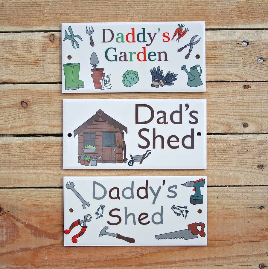 personalised 'dad's' shed and garden plaques by sparkle ceramics