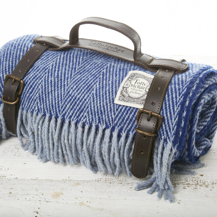 picnic blanket in leather strap blue collection by tolly mcrae