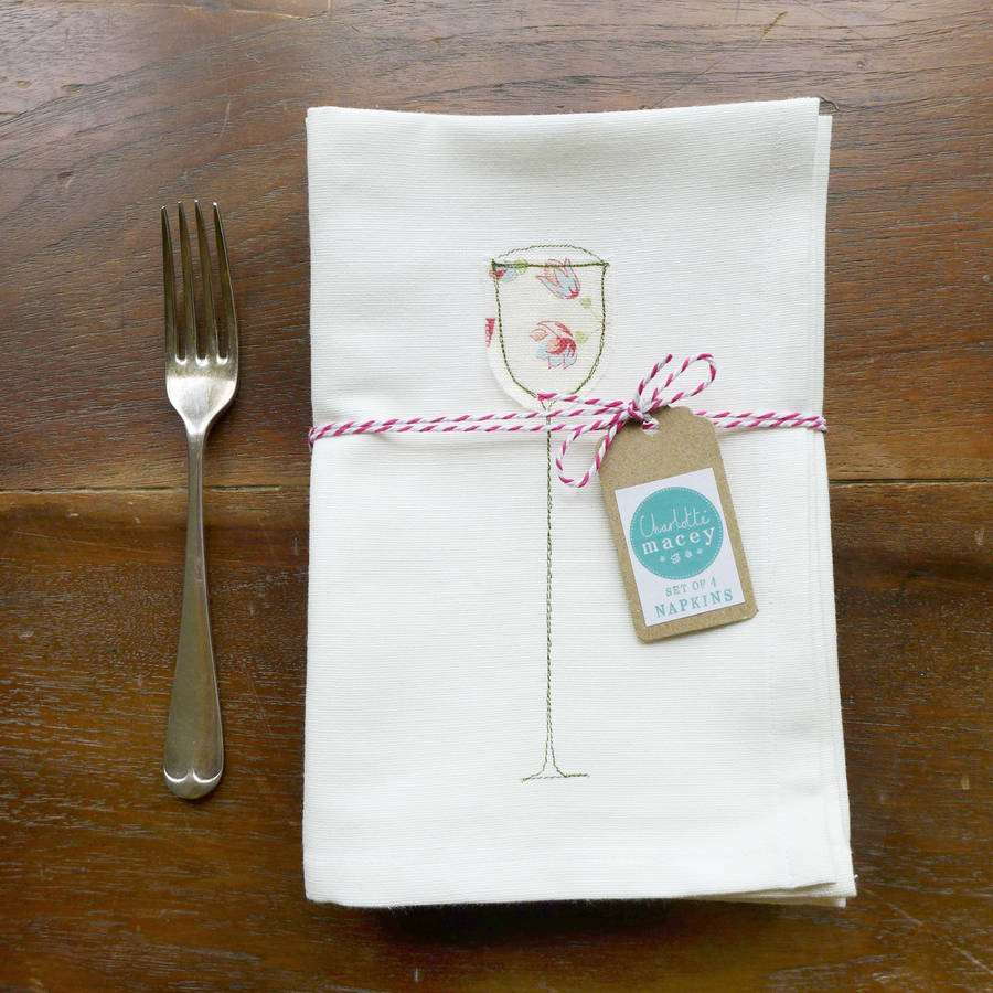 embroidered wine glass napkins by charlotte macey