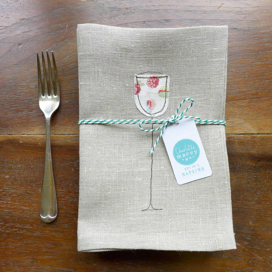 embroidered wine glass napkins by charlotte macey