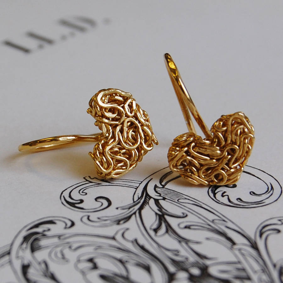 golden mesh heart stud earrings by otis jaxon silver jewellery