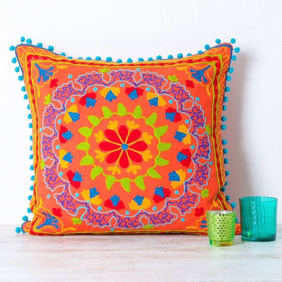 handmade embroidered orange cushion by all things brighton beautiful
