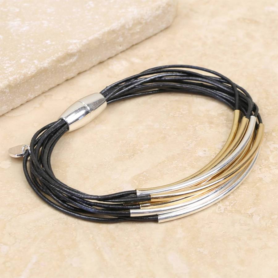 multi strand leather mixed metal tube bracelet by lisa angel