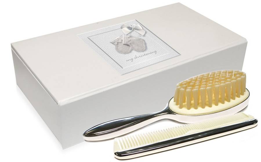 personalised silver plated baby brush and comb gift by chateau de sable