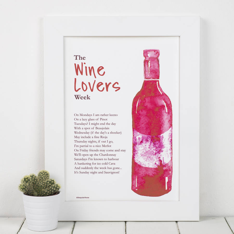 Wine Lover Print With Wine Poem By Bespoke Verse 