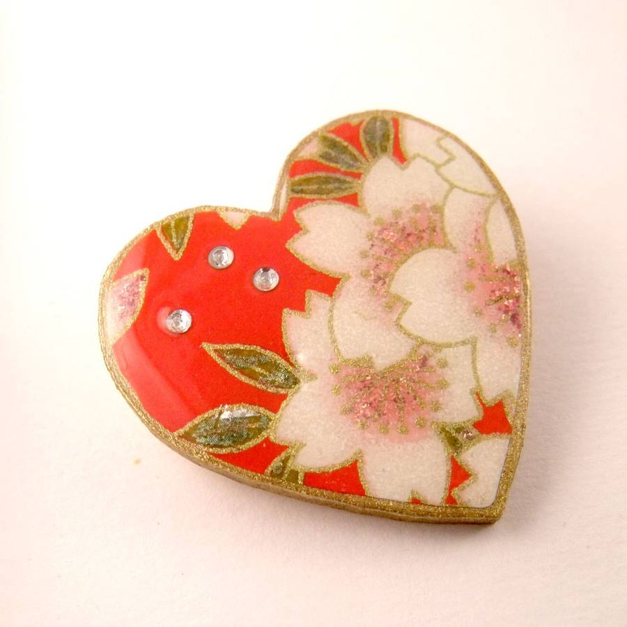 Pearl Sakura Blossoms Washi Paper Heart Brooch By Matin Lapin