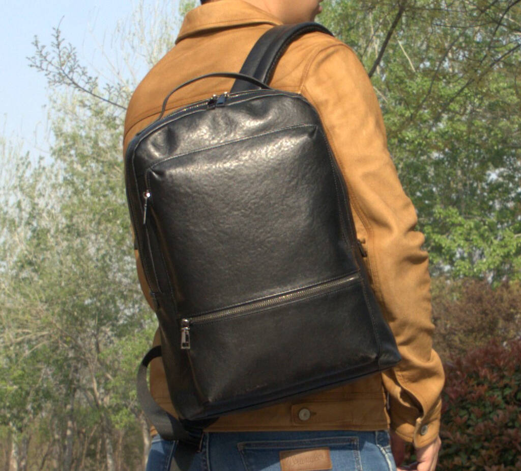 Minimalist Zip Open Black Leather Backpack By EAZO