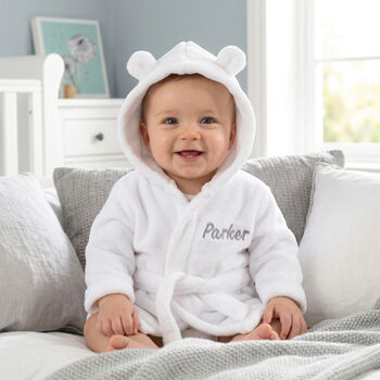 Personalised Grey Baby Dressing Gown With Ears On Hood, 3 of 7
