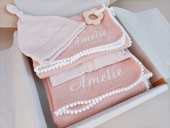 Personalised New Baby Gift Set, Handmade Newborn Blanket And Comforter With Wooden Teether, 6 of 8