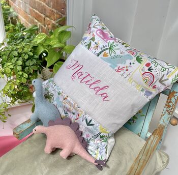 Multi Coloured Dinosaur Name Cushion, 5 of 5