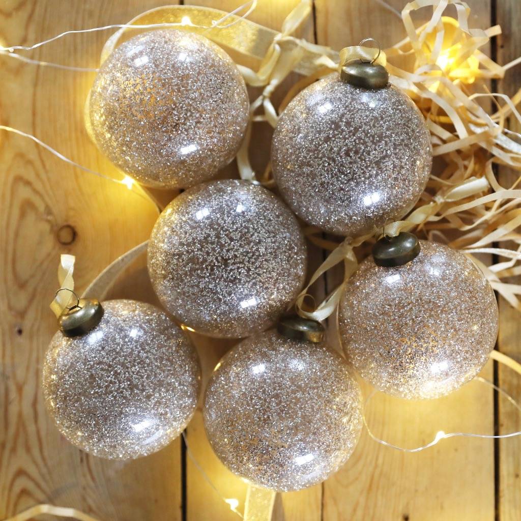 Set Of Six Gold Glitter Baubles By Lisa Angel