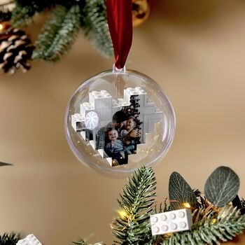 Personalised Lego® Brick Heart Shaped Photo Block Christmas Round Bauble, 2 of 2