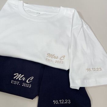 Mr And Mrs Est Year Embroidered Matching T Shirt Set, 8 of 8