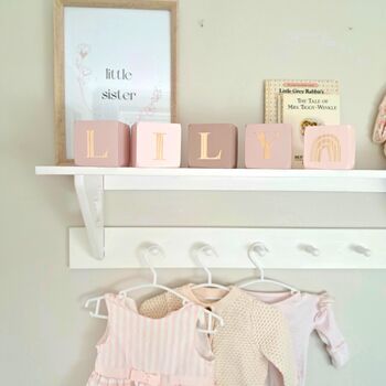 Wooden Baby Name Blocks, Personalised Newborn Gift, Dusty Light Pink, 2 of 12