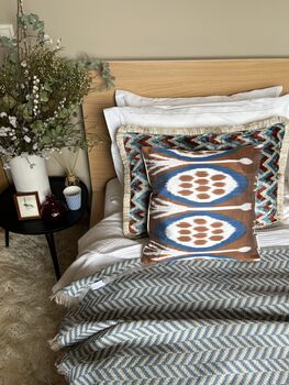 Square Ikat Silk Cushion Blue, Brown And White Abstract Design, 7 of 10