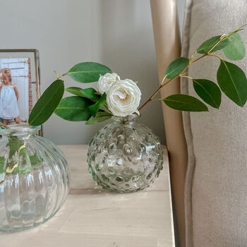 Set Of Two Round Clear Pressed Glass Vases Eight.5cm, 5 of 5