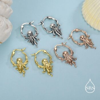 Sterling Silver Octopus Charm Hoop Earrings, 3 of 11