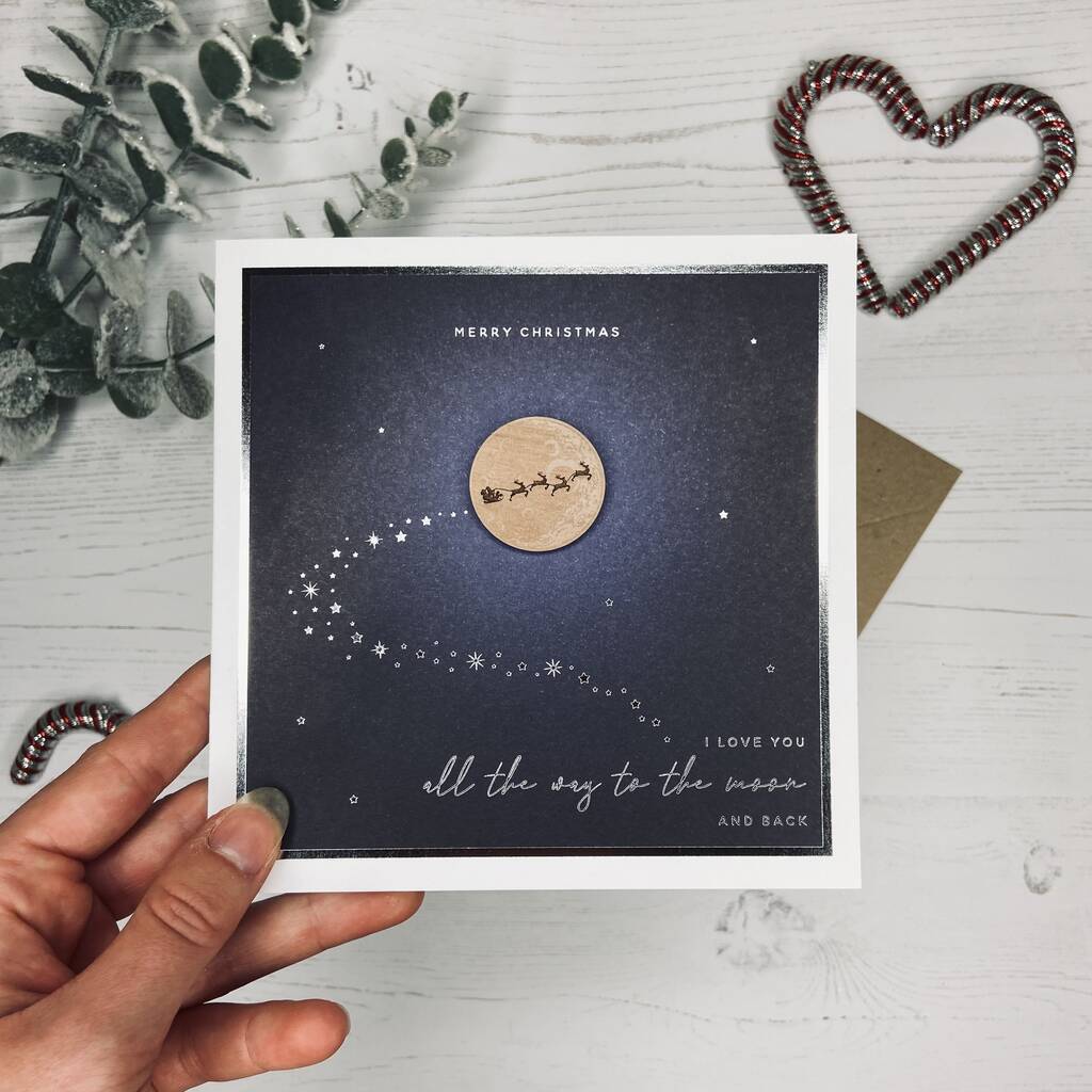 Moon And Back Silver Foil And Wood Christmas Card, 1 of 3