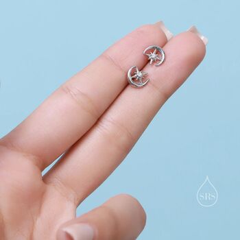 Delicate Moon And Star Stud Earrings In Sterling Silver, 6 of 11