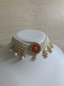 Red And White Gold Plated Kundan Pearl Indian Set, 6 of 7