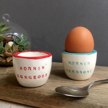 Mornin' Handsome! Pair Of Handmade Ceramic Egg Cups, 3 of 3