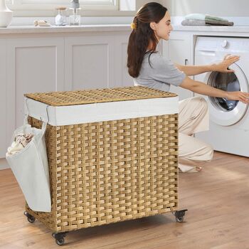 Laundry Basket Rattan Style Washing Hamper With Wheels, 2 of 12
