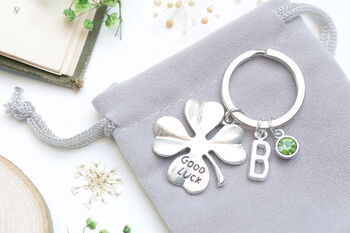 Good Luck Personalised Keyring Four Leaf Clover Gift, 2 of 8