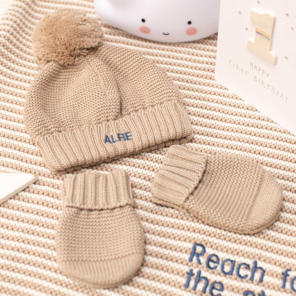 First Birthday Personalised Bobble Hat And Mittens Set, 1 of 12