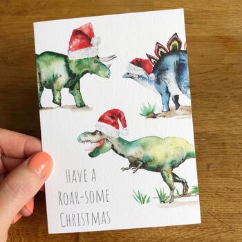 Dinosaurs In Santa Hats Hand Painted Christmas Card, 4 of 4