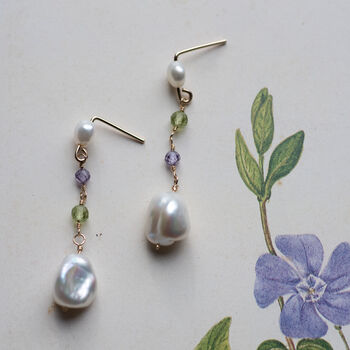 Peridot Purple Zircon Pearl Drop Earrings, 5 of 10