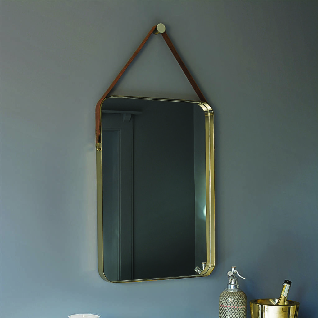 Rectangular Brass And Leather Hanging Wall Mirror By I Love Retro