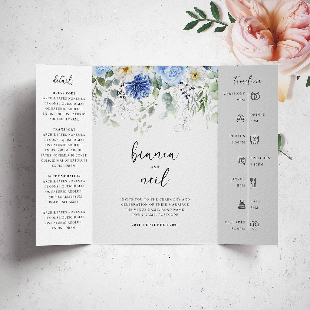 Custom Blue Floral Gatefold Wedding Invitations, 1 of 5