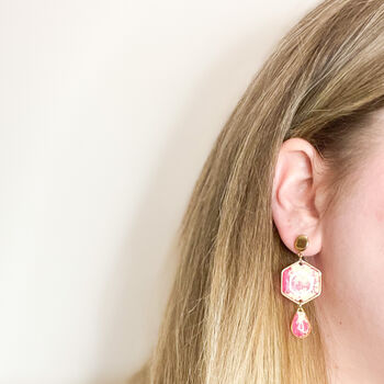 Pink And Gold Foil Speckled Drop Statement Earrings, 5 of 8