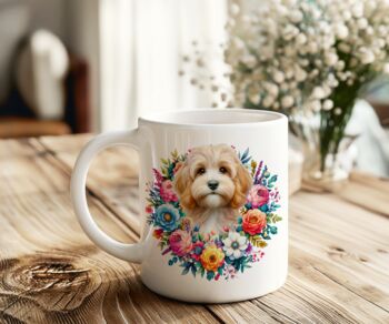 Personalised Cockapoo Summer Floral Dog Wreath Cushion And Mug Gift Bundle, 2 of 4