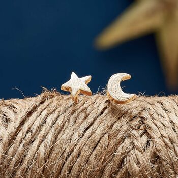 Twilight Textured Moon And Star Mismatched Silver Studs, 4 of 8