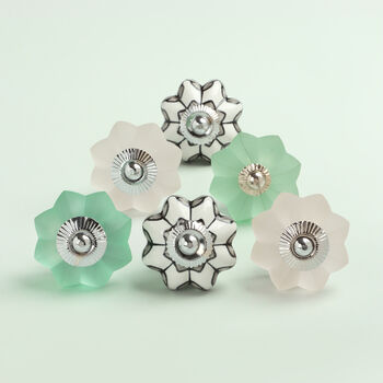 Set Of Six Flower Frosted Glass Ceramic Door Knobs, 2 of 5